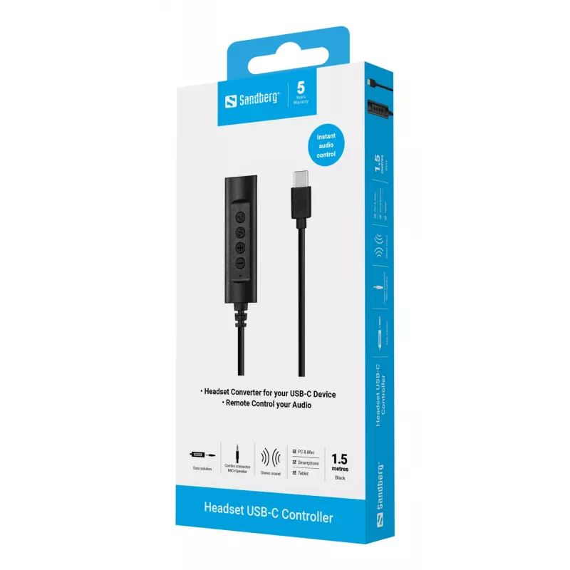 Sandberg Headset USB-C Controller, 1,5 m, Controller, 25 g, Schwarz
