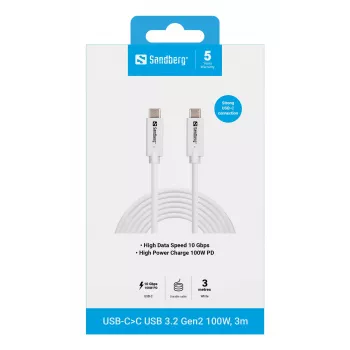 Sandberg USB-C auf USB-C USB 3.2 Gen2 100W, 3m, 3 m, USB C, USB C, USB 3.2 Gen 2 (3.1 Gen 2), 10 Gbit/s, Weiß