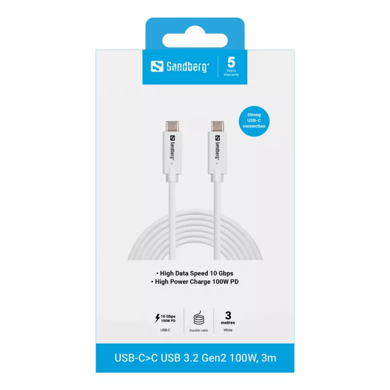 Sandberg USB-C auf USB-C USB 3.2 Gen2 100W, 3m, 3 m, USB C, USB C, USB 3.2 Gen 2 (3.1 Gen 2), 10 Gbit/s, Weiß