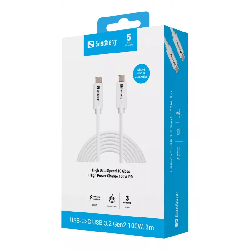 Sandberg USB-C auf USB-C USB 3.2 Gen2 100W, 3m, 3 m, USB C, USB C, USB 3.2 Gen 2 (3.1 Gen 2), 10 Gbit/s, Weiß
