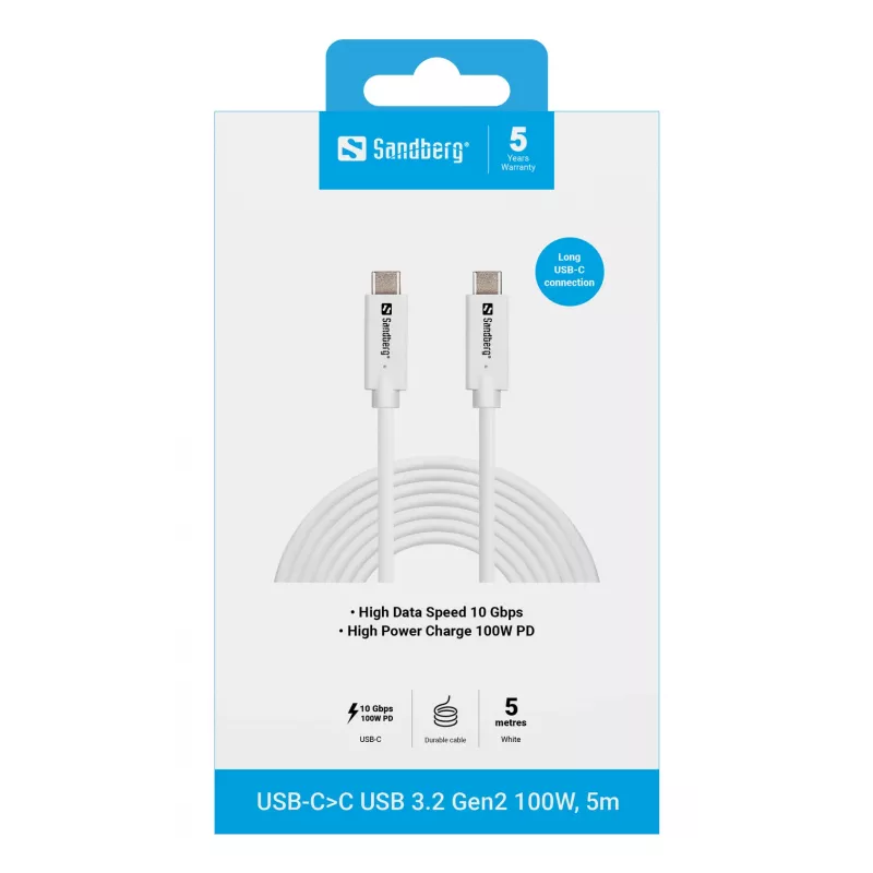 Sandberg USB-C>C USB 3.2 Gen2 100W, 5m, 5 m, USB C, USB C, USB 3.2 Gen 2 (3.1 Gen 2), 10 Gbit/s, Weiß