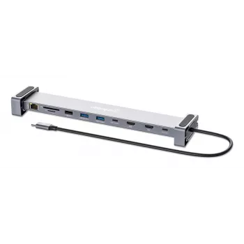 Manhattan USB-C Dock/Hub mit Kartenleser und MST, Anschlüsse (x7): Ethernet, HDMI (x2 4k@60Hz), USB-A (x3) und USB-C, mit Power Delivery (PD) 100 W – erfordert externes USB-C-Ladegerät (nicht im Lieferumfang). USB-betrieben (kein externes Netzteil erforderlich), wenn PD nicht verwendet wird