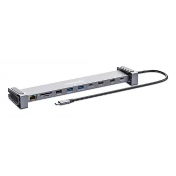 Manhattan USB-C Dock/Hub mit Kartenleser und MST, Anschlüsse (x7): Ethernet, HDMI (x2 4k@60Hz), USB-A (x3) und USB-C, mit Power Delivery (PD) 100 W – erfordert externes USB-C-Ladegerät (nicht im Lieferumfang). USB-betrieben (kein externes Netzteil erforderlich), wenn PD nicht verwendet wird