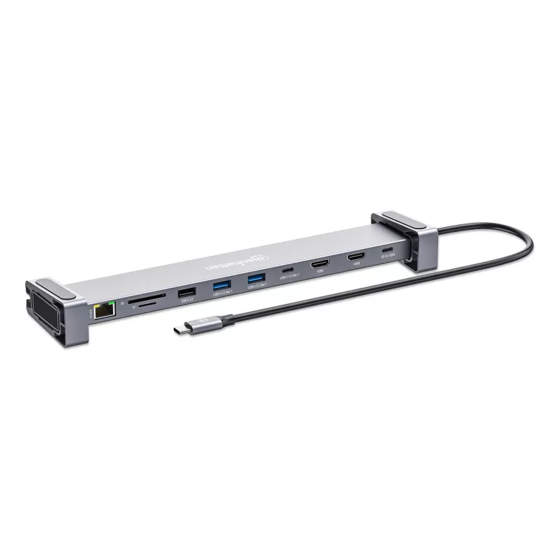 Manhattan USB-C Dock/Hub mit Kartenleser und MST, Anschlüsse (x7): Ethernet, HDMI (x2 4k@60Hz), USB-A (x3) und USB-C, mit Power Delivery (PD) 100 W – erfordert externes USB-C-Ladegerät (nicht im Lieferumfang). USB-betrieben (kein externes Netzteil erforderlich), wenn PD nicht verwendet wird