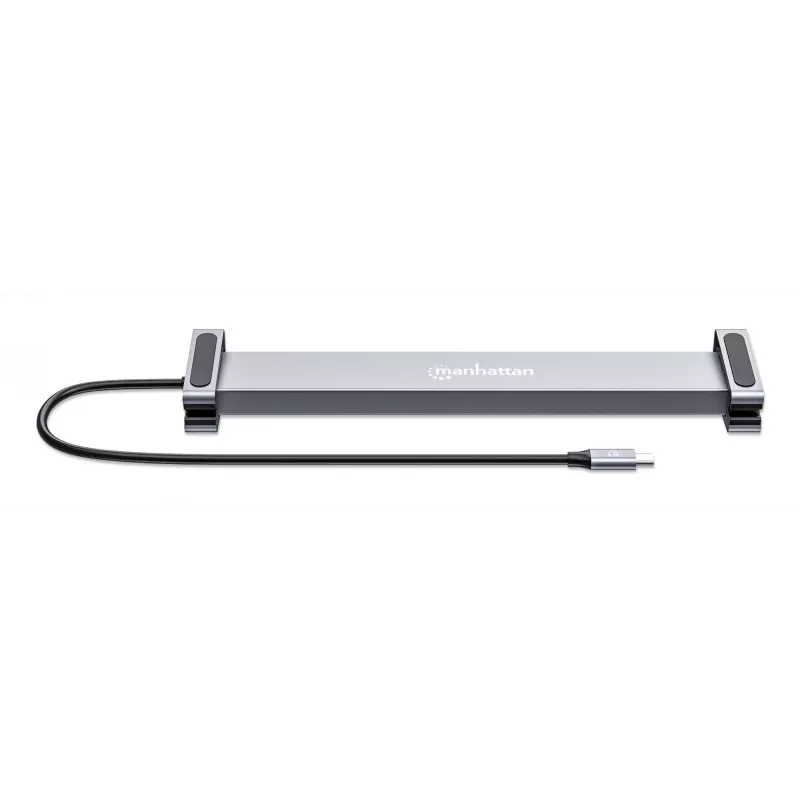 Manhattan USB-C Dock/Hub mit Kartenleser und MST, Anschlüsse (x7): Ethernet, HDMI (x2 4k@60Hz), USB-A (x3) und USB-C, mit Power Delivery (PD) 100 W – erfordert externes USB-C-Ladegerät (nicht im Lieferumfang). USB-betrieben (kein externes Netzteil erforderlich), wenn PD nicht verwendet wird