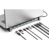 Manhattan USB-C Dock/Hub mit Kartenleser und MST, Anschlüsse (x7): Ethernet, HDMI (x2 4k@60Hz), USB-A (x3) und USB-C, mit Power Delivery (PD) 100 W – erfordert externes USB-C-Ladegerät (nicht im Lieferumfang). USB-betrieben (kein externes Netzteil erforderlich), wenn PD nicht verwendet wird