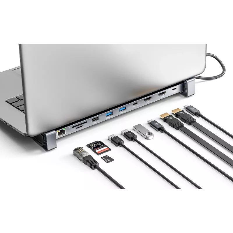 Manhattan USB-C Dock/Hub mit Kartenleser und MST, Anschlüsse (x7): Ethernet, HDMI (x2 4k@60Hz), USB-A (x3) und USB-C, mit Power Delivery (PD) 100 W – erfordert externes USB-C-Ladegerät (nicht im Lieferumfang). USB-betrieben (kein externes Netzteil erforderlich), wenn PD nicht verwendet wird