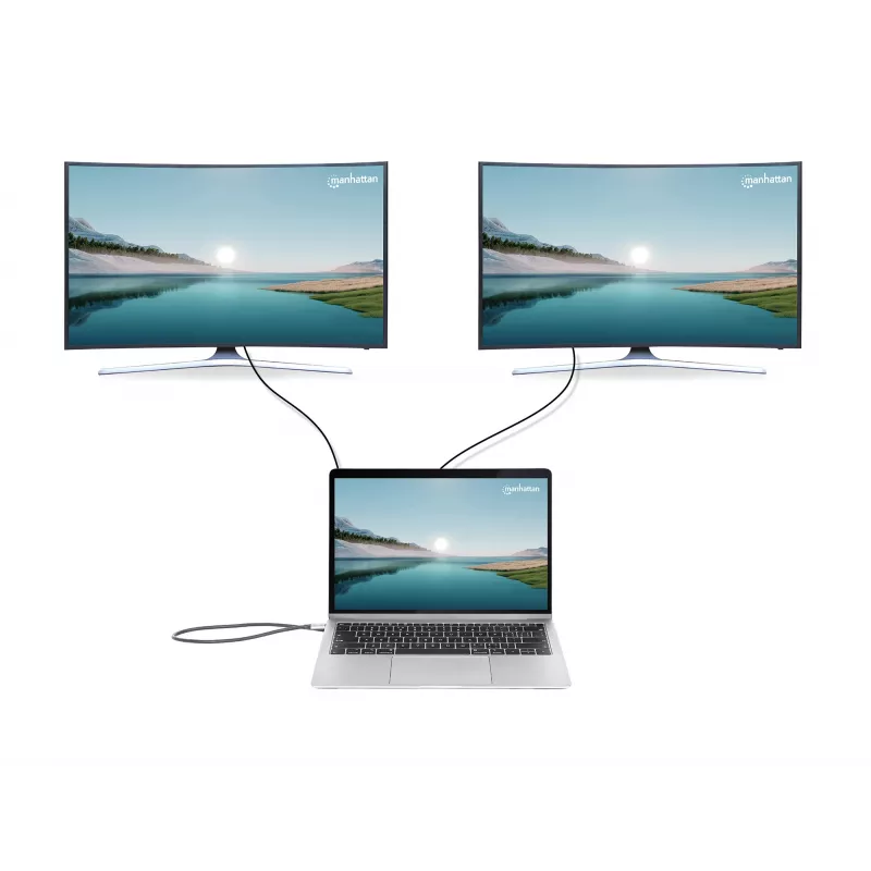 Manhattan USB-C Dock/Hub mit Kartenleser und MST, Anschlüsse (x7): Ethernet, HDMI (x2 4k@60Hz), USB-A (x3) und USB-C, mit Power Delivery (PD) 100 W – erfordert externes USB-C-Ladegerät (nicht im Lieferumfang). USB-betrieben (kein externes Netzteil erforderlich), wenn PD nicht verwendet wird
