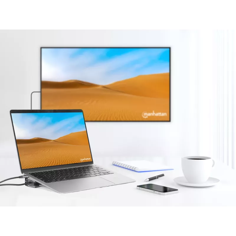 Manhattan USB-C Dock/Hub mit Kartenleser und MST, Anschlüsse (x7): Ethernet, HDMI (x2 4k@60Hz), USB-A (x3) und USB-C, mit Power Delivery (PD) 100 W – erfordert externes USB-C-Ladegerät (nicht im Lieferumfang). USB-betrieben (kein externes Netzteil erforderlich), wenn PD nicht verwendet wird