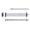 Manhattan USB-C Dock/Hub mit Kartenleser und MST, Anschlüsse (x7): Ethernet, HDMI (x2 4k@60Hz), USB-A (x3) und USB-C, mit Power Delivery (PD) 100 W – erfordert externes USB-C-Ladegerät (nicht im Lieferumfang). USB-betrieben (kein externes Netzteil erforderlich), wenn PD nicht verwendet wird