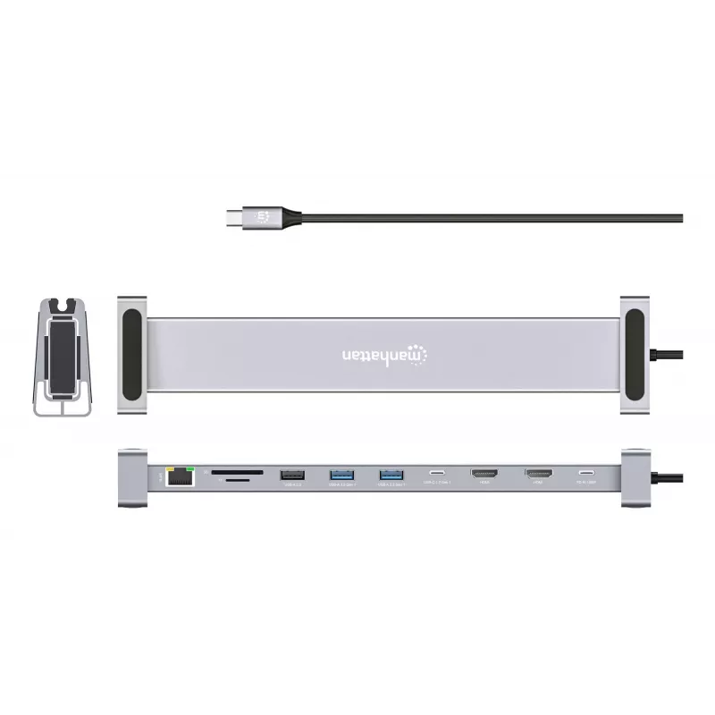 Manhattan USB-C Dock/Hub mit Kartenleser und MST, Anschlüsse (x7): Ethernet, HDMI (x2 4k@60Hz), USB-A (x3) und USB-C, mit Power Delivery (PD) 100 W – erfordert externes USB-C-Ladegerät (nicht im Lieferumfang). USB-betrieben (kein externes Netzteil erforderlich), wenn PD nicht verwendet wird