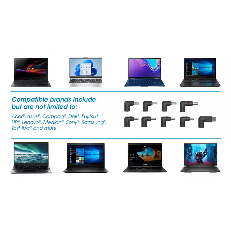 Manhattan Universal Notebook/Laptop EU-Netzteil, 65 W, automatisch mit 9 Steckerspitzen, kompatibel mit den meisten Laptops, ideal als Ersatznetzteil, EU-Netzkabel, kompatibel mit unter anderem: Acer, Asus, Dell, Fujitsu, HP, Lenovo, Samsung, Toshiba und mehr
