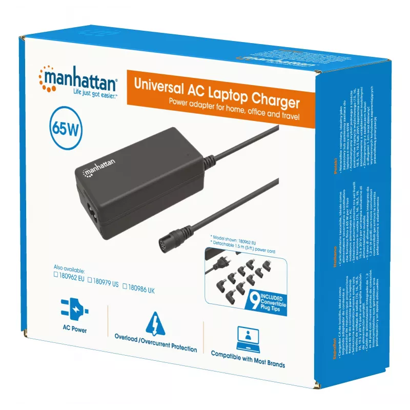 Manhattan Universal Notebook/Laptop EU-Netzteil, 65 W, automatisch mit 9 Steckerspitzen, kompatibel mit den meisten Laptops, ideal als Ersatznetzteil, EU-Netzkabel, kompatibel mit unter anderem: Acer, Asus, Dell, Fujitsu, HP, Lenovo, Samsung, Toshiba und mehr