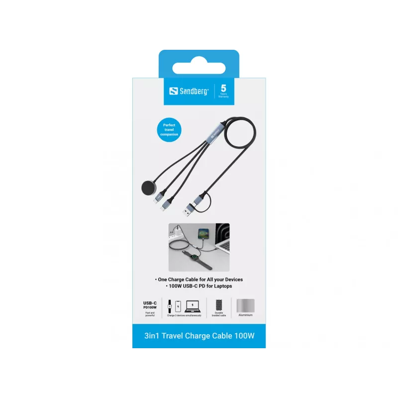 Sandberg 3in1 Travel Charge Kabel 100W, 1,2 m, USB A/USB C, Schwarz