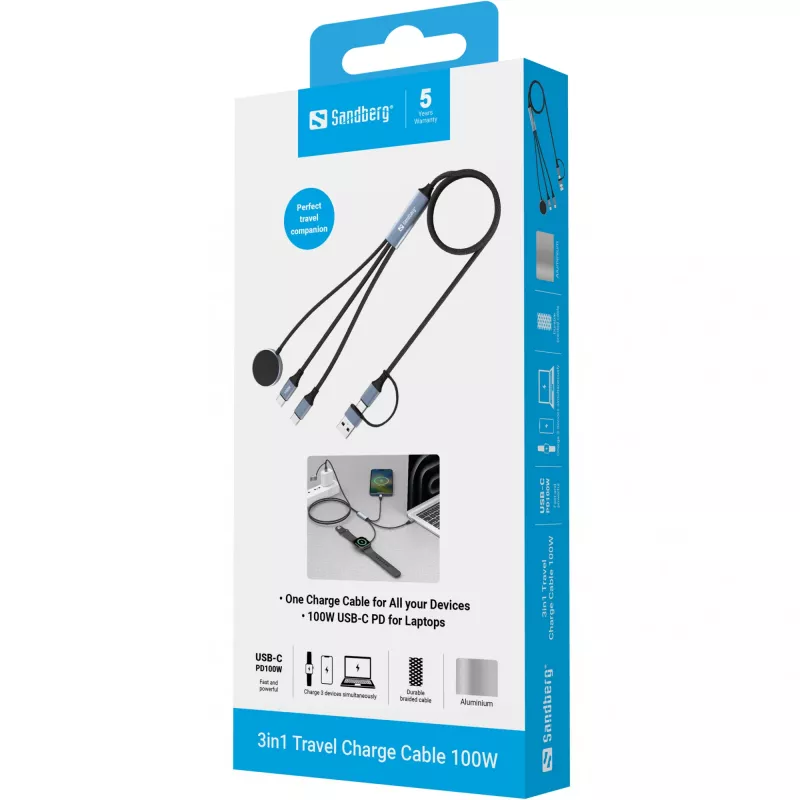 Sandberg 3in1 Travel Charge Kabel 100W, 1,2 m, USB A/USB C, Schwarz