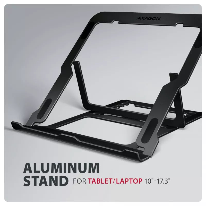 Axagon STND-LAB Aluminium-Laptophalterung Größe 10 Zoll–17,3 Zoll. Achtfach verstellbare Höhe und Winkel. Schwarze Version.