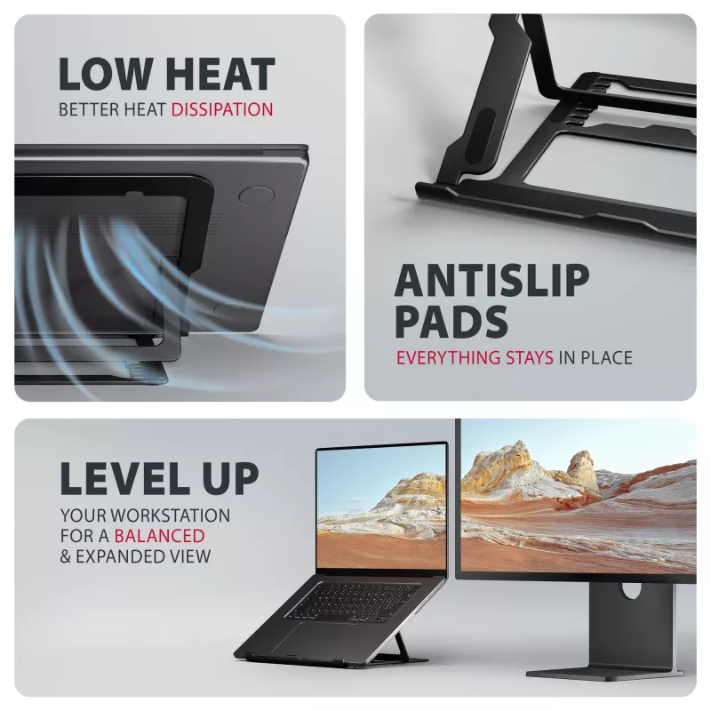 Axagon STND-LAB Aluminium-Laptophalterung Größe 10 Zoll–17,3 Zoll. Achtfach verstellbare Höhe und Winkel. Schwarze Version.