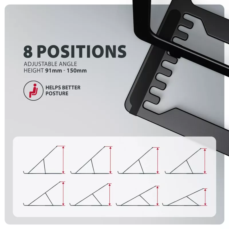 Axagon STND-LAB Aluminium-Laptophalterung Größe 10 Zoll–17,3 Zoll. Achtfach verstellbare Höhe und Winkel. Schwarze Version.