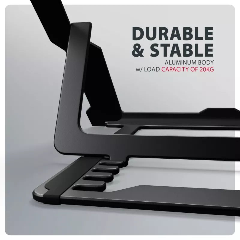 Axagon STND-LAB Aluminium-Laptophalterung Größe 10 Zoll–17,3 Zoll. Achtfach verstellbare Höhe und Winkel. Schwarze Version.
