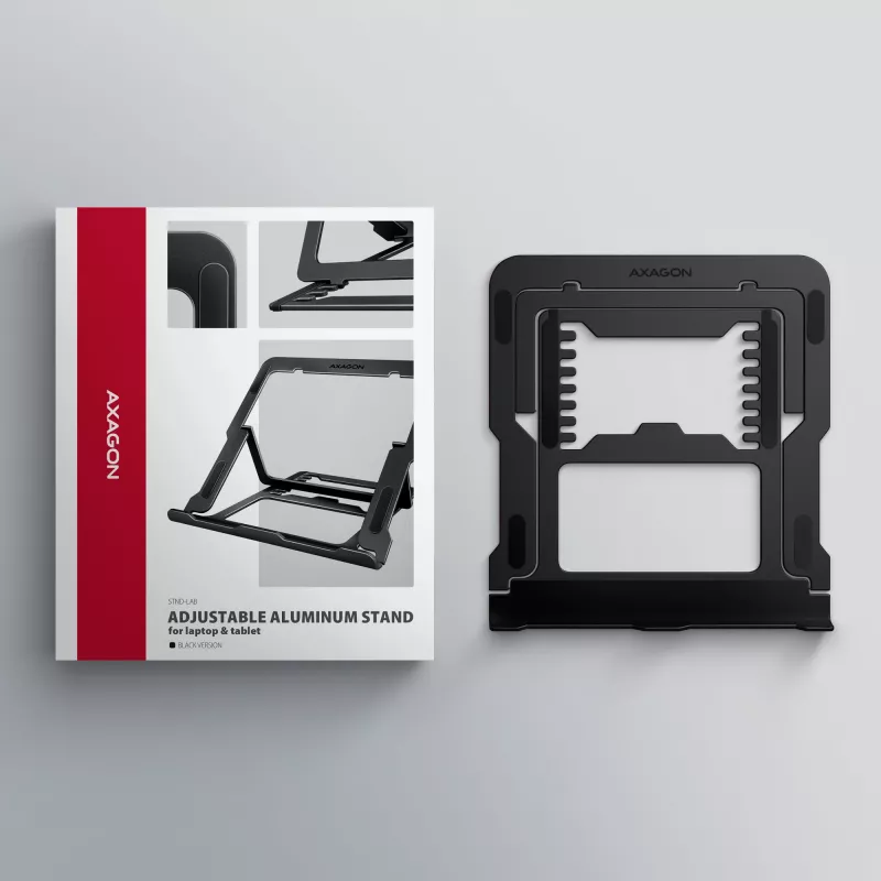 Axagon STND-LAB Aluminium-Laptophalterung Größe 10 Zoll–17,3 Zoll. Achtfach verstellbare Höhe und Winkel. Schwarze Version.