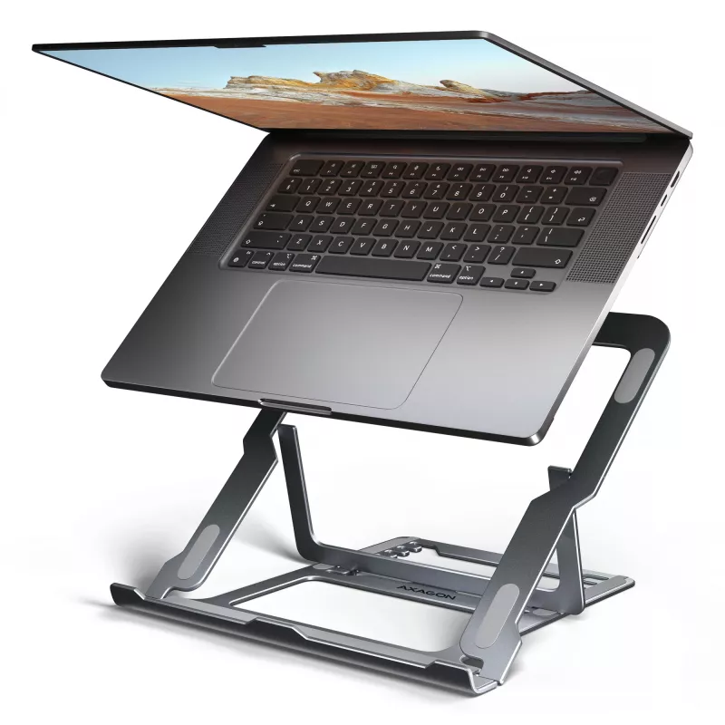 Axagon STND-LAG Aluminiumständer für Laptops von 10 Zoll–17,3 Zoll. Acht einstellbare Höhen- und Neigungswinkel. Graue Ausführung.