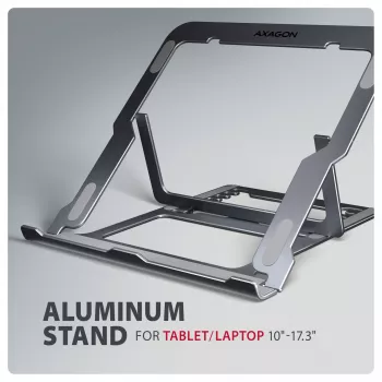 Axagon STND-LAG Aluminiumständer für Laptops von 10 Zoll–17,3 Zoll. Acht einstellbare Höhen- und Neigungswinkel. Graue Ausführung.