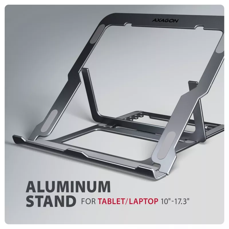 Axagon STND-LAG Aluminiumständer für Laptops von 10 Zoll–17,3 Zoll. Acht einstellbare Höhen- und Neigungswinkel. Graue Ausführung.