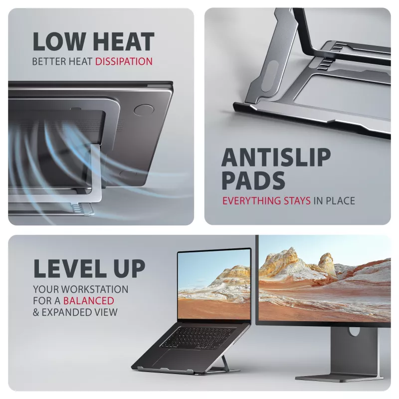 Axagon STND-LAG Aluminiumständer für Laptops von 10 Zoll–17,3 Zoll. Acht einstellbare Höhen- und Neigungswinkel. Graue Ausführung.