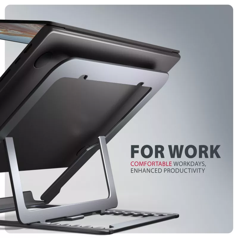 Axagon STND-LAG Aluminiumständer für Laptops von 10 Zoll–17,3 Zoll. Acht einstellbare Höhen- und Neigungswinkel. Graue Ausführung.