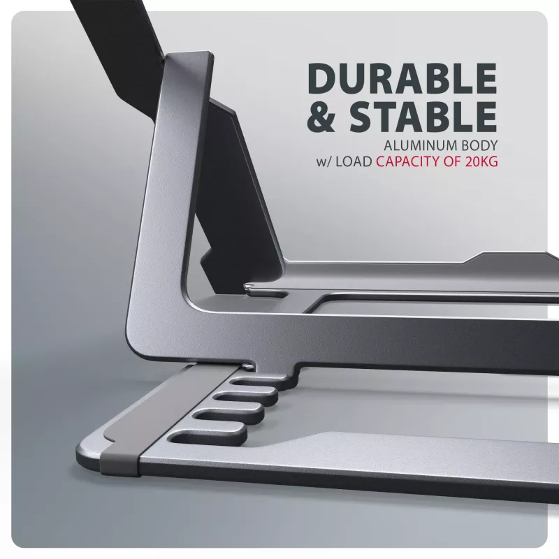 Axagon STND-LAG Aluminiumständer für Laptops von 10 Zoll–17,3 Zoll. Acht einstellbare Höhen- und Neigungswinkel. Graue Ausführung.