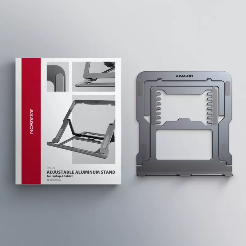 Axagon STND-LAG Aluminiumständer für Laptops von 10 Zoll–17,3 Zoll. Acht einstellbare Höhen- und Neigungswinkel. Graue Ausführung.