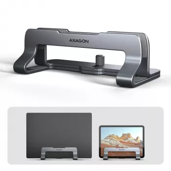 Axagon STND-VG Aluminiumständer für vertikales Einstecken von Laptops 10 Zoll–17,3 Zoll. Einstellbare Schlitzbreite 9,5–25,5 mm. Graue Version.