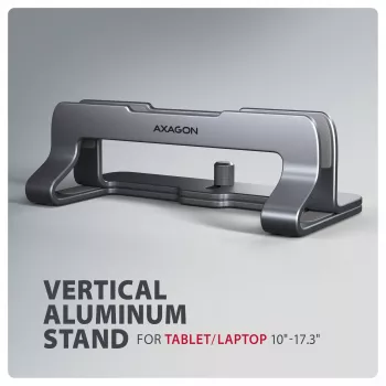 Axagon STND-VG Aluminiumständer für vertikales Einstecken von Laptops 10 Zoll–17,3 Zoll. Einstellbare Schlitzbreite 9,5–25,5 mm. Graue Version.