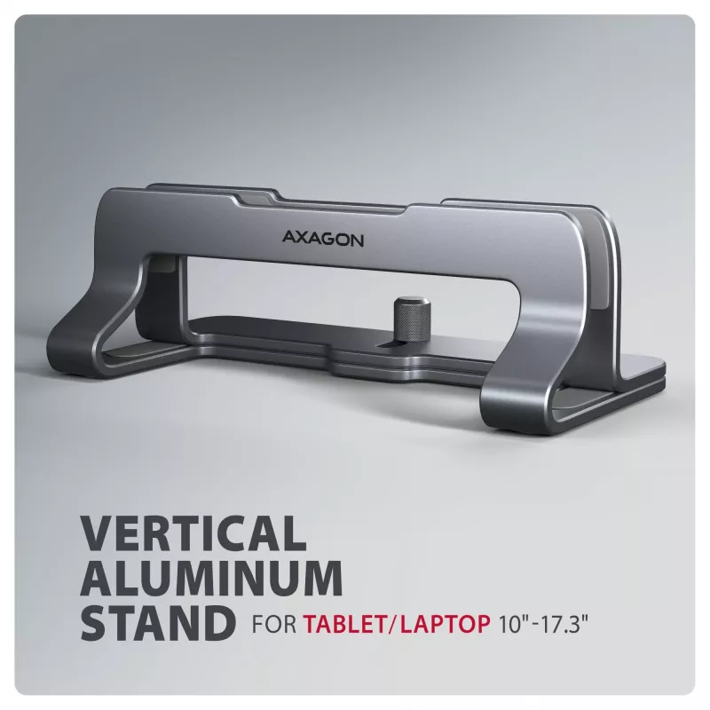 Axagon STND-VG Aluminiumständer für vertikales Einstecken von Laptops 10 Zoll–17,3 Zoll. Einstellbare Schlitzbreite 9,5–25,5 mm. Graue Version.