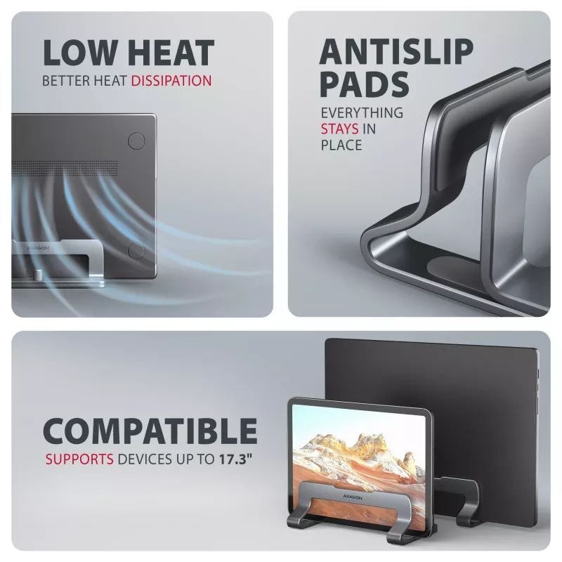 Axagon STND-VG Aluminiumständer für vertikales Einstecken von Laptops 10 Zoll–17,3 Zoll. Einstellbare Schlitzbreite 9,5–25,5 mm. Graue Version.