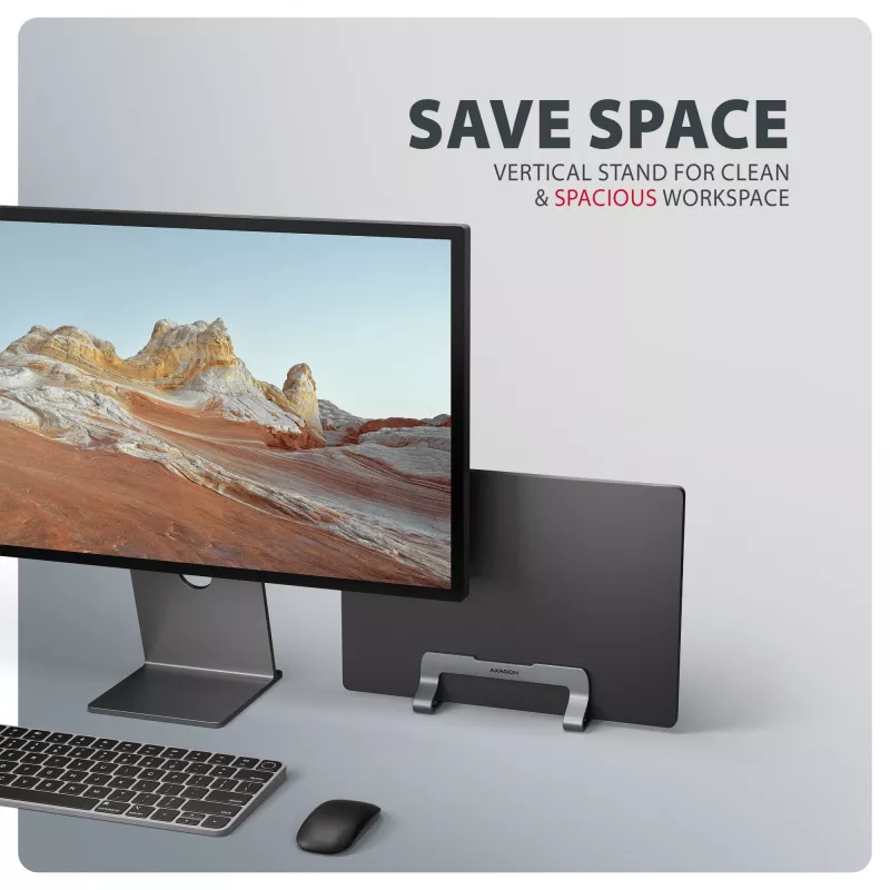 Axagon STND-VG Aluminiumständer für vertikales Einstecken von Laptops 10 Zoll–17,3 Zoll. Einstellbare Schlitzbreite 9,5–25,5 mm. Graue Version.