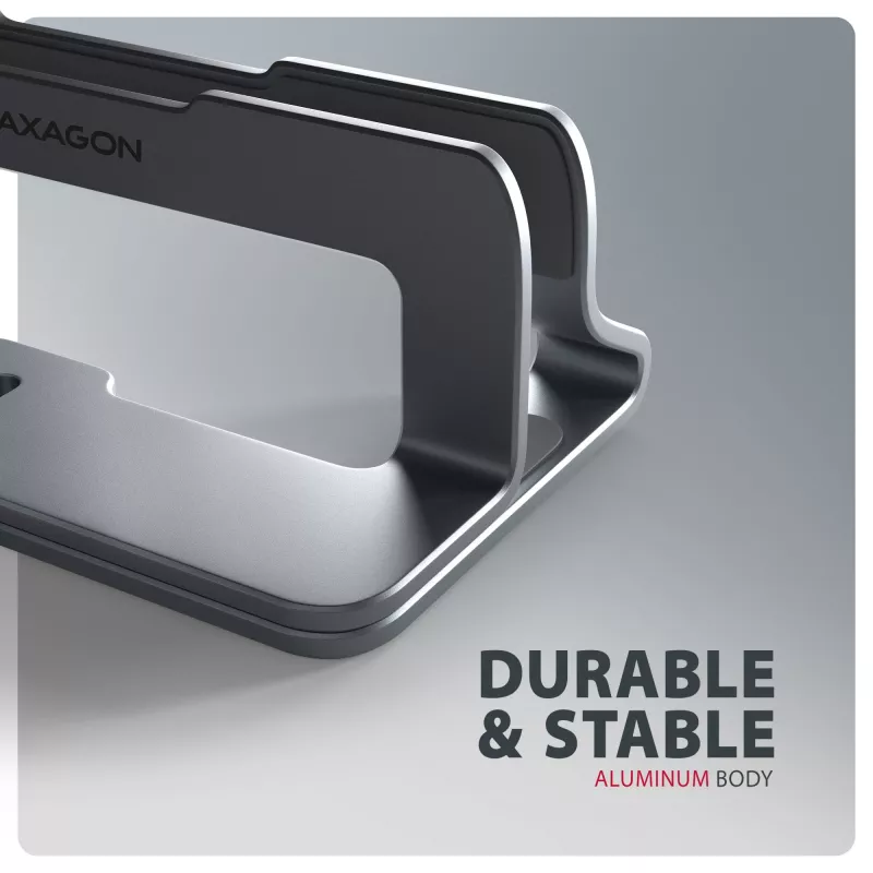 Axagon STND-VG Aluminiumständer für vertikales Einstecken von Laptops 10 Zoll–17,3 Zoll. Einstellbare Schlitzbreite 9,5–25,5 mm. Graue Version.