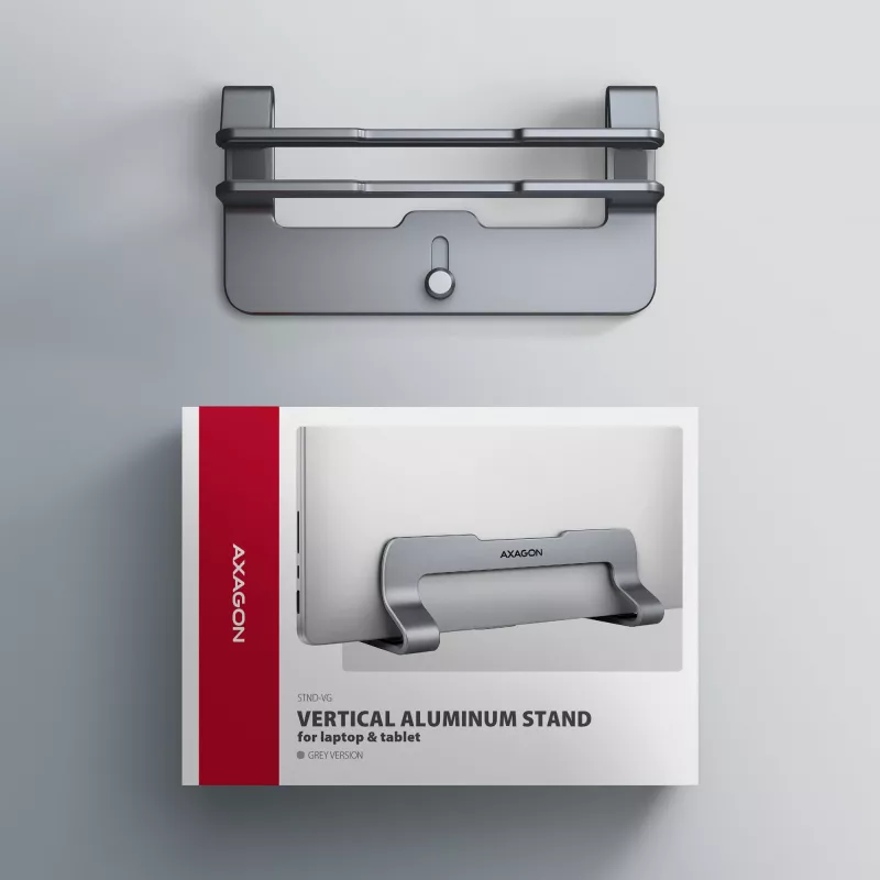 Axagon STND-VG Aluminiumständer für vertikales Einstecken von Laptops 10 Zoll–17,3 Zoll. Einstellbare Schlitzbreite 9,5–25,5 mm. Graue Version.