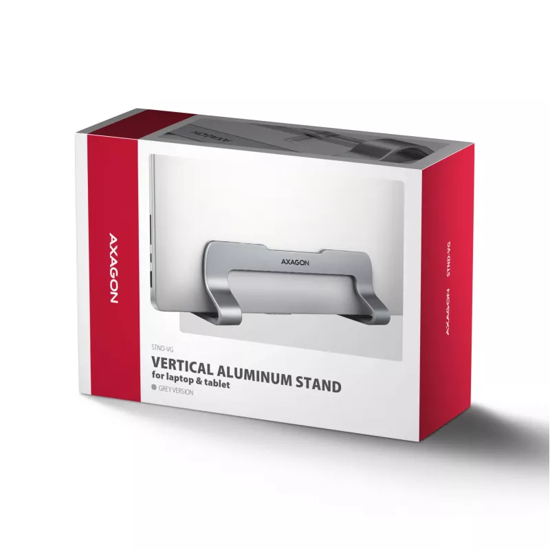 Axagon STND-VG Aluminiumständer für vertikales Einstecken von Laptops 10 Zoll–17,3 Zoll. Einstellbare Schlitzbreite 9,5–25,5 mm. Graue Version.