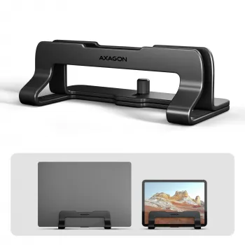 Axagon STND-VB Aluminiumständer für die vertikale Aufnahme von Laptops der Größe 10 Zoll – 17,3 Zoll. Einstellbare Schlitzbreite 9,5–25,5 mm. Schwarze Version.