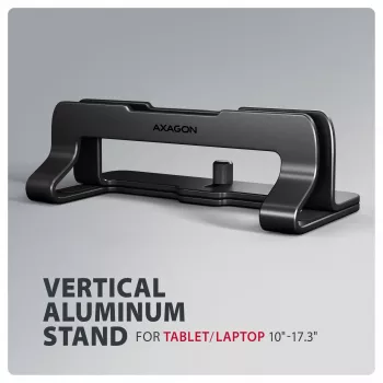 Axagon STND-VB Aluminiumständer für die vertikale Aufnahme von Laptops der Größe 10 Zoll – 17,3 Zoll. Einstellbare Schlitzbreite 9,5–25,5 mm. Schwarze Version.