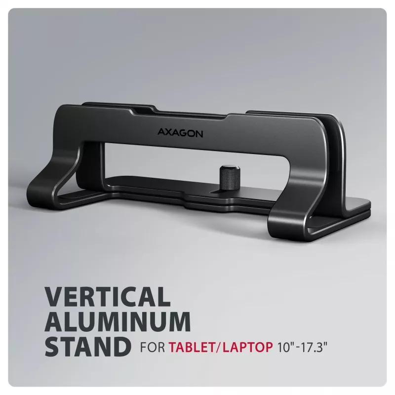 Axagon STND-VB Aluminiumständer für die vertikale Aufnahme von Laptops der Größe 10 Zoll – 17,3 Zoll. Einstellbare Schlitzbreite 9,5–25,5 mm. Schwarze Version.
