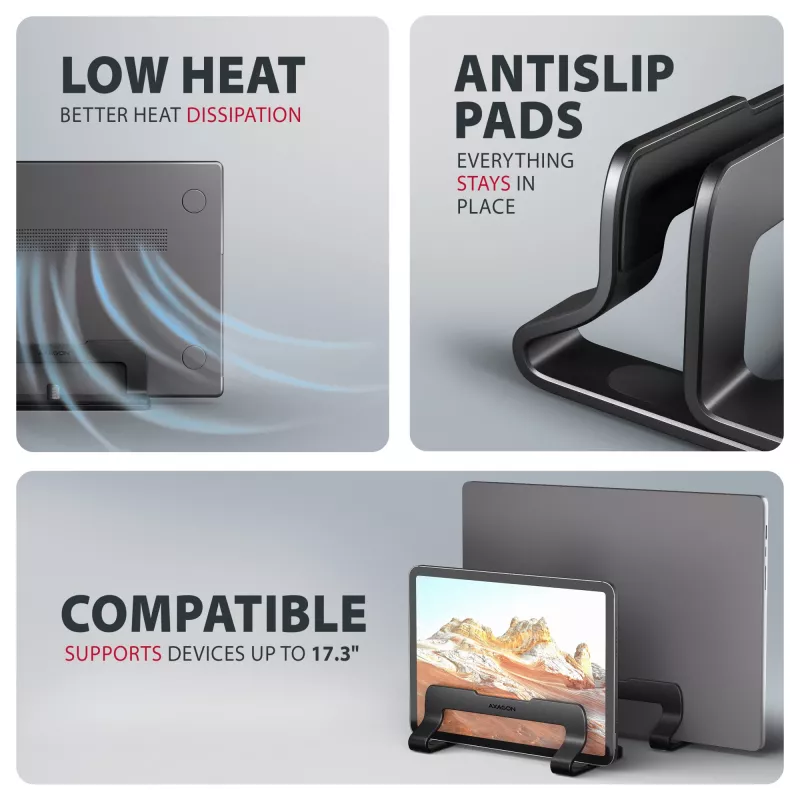 Axagon STND-VB Aluminiumständer für die vertikale Aufnahme von Laptops der Größe 10 Zoll – 17,3 Zoll. Einstellbare Schlitzbreite 9,5–25,5 mm. Schwarze Version.