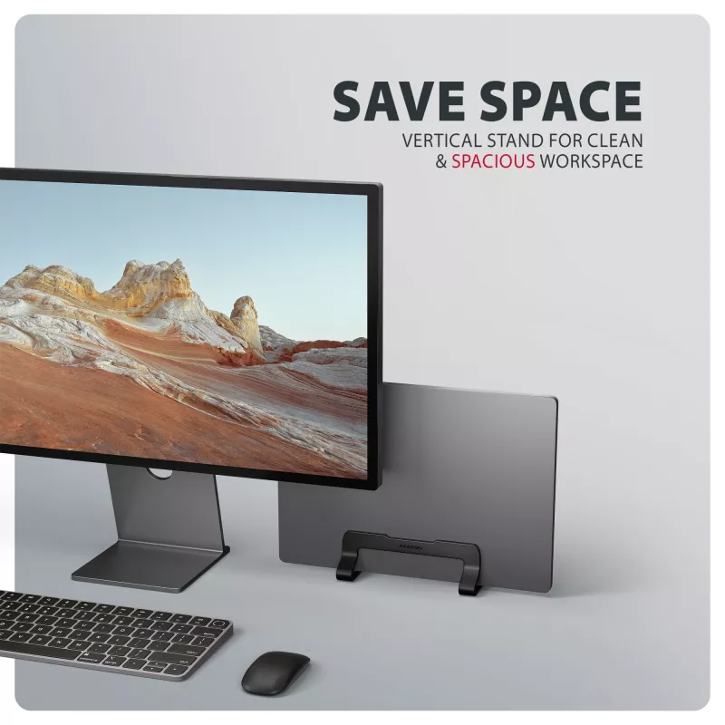 Axagon STND-VB Aluminiumständer für die vertikale Aufnahme von Laptops der Größe 10 Zoll – 17,3 Zoll. Einstellbare Schlitzbreite 9,5–25,5 mm. Schwarze Version.