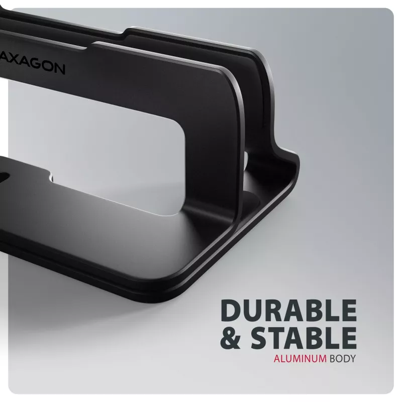 Axagon STND-VB Aluminiumständer für die vertikale Aufnahme von Laptops der Größe 10 Zoll – 17,3 Zoll. Einstellbare Schlitzbreite 9,5–25,5 mm. Schwarze Version.
