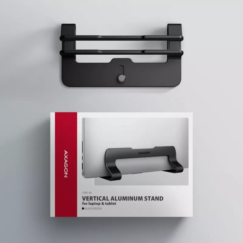 Axagon STND-VB Aluminiumständer für die vertikale Aufnahme von Laptops der Größe 10 Zoll – 17,3 Zoll. Einstellbare Schlitzbreite 9,5–25,5 mm. Schwarze Version.