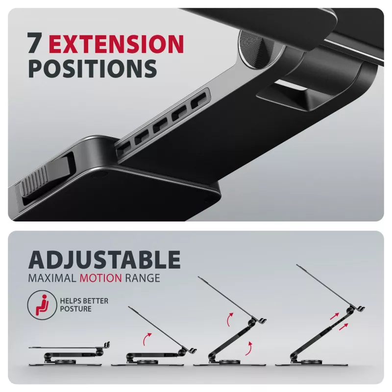 Laptop-Ständer AXAGON STND-LRB — Aluminium, 360°-Drehung, für 10 Zoll–17,3 Zoll, einstellbare Höhe bis 26 cm, Neigung 0–180°, schwarz