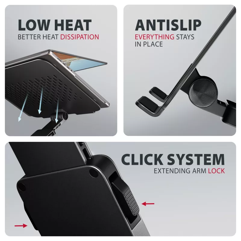 Laptop-Ständer AXAGON STND-LRB — Aluminium, 360°-Drehung, für 10 Zoll–17,3 Zoll, einstellbare Höhe bis 26 cm, Neigung 0–180°, schwarz