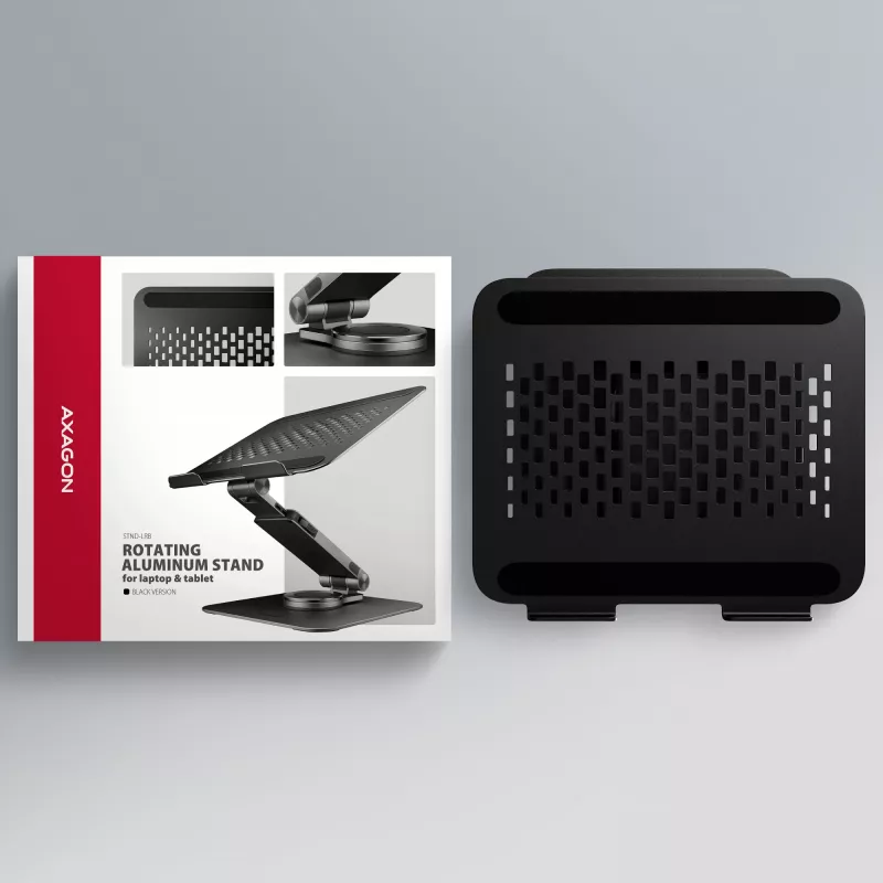 Laptop-Ständer AXAGON STND-LRB — Aluminium, 360°-Drehung, für 10 Zoll–17,3 Zoll, einstellbare Höhe bis 26 cm, Neigung 0–180°, schwarz