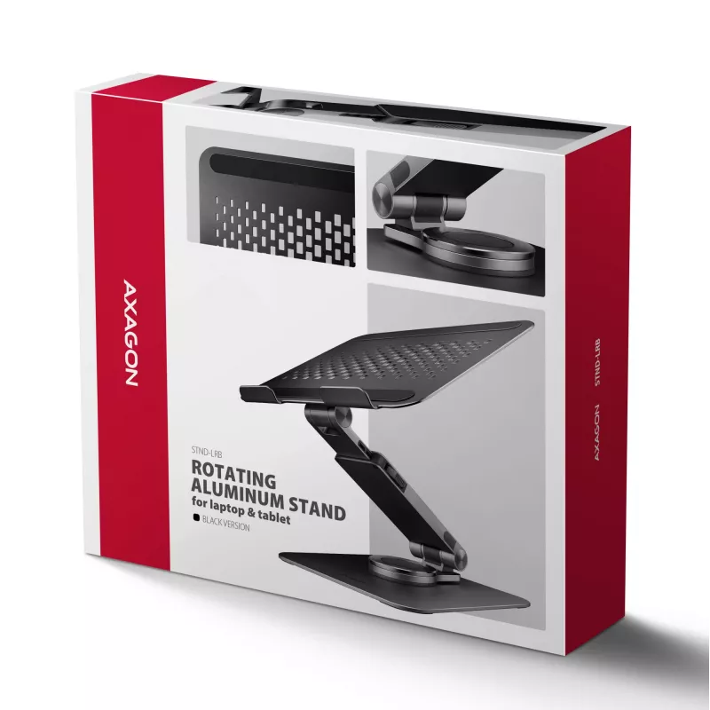 Laptop-Ständer AXAGON STND-LRB — Aluminium, 360°-Drehung, für 10 Zoll–17,3 Zoll, einstellbare Höhe bis 26 cm, Neigung 0–180°, schwarz